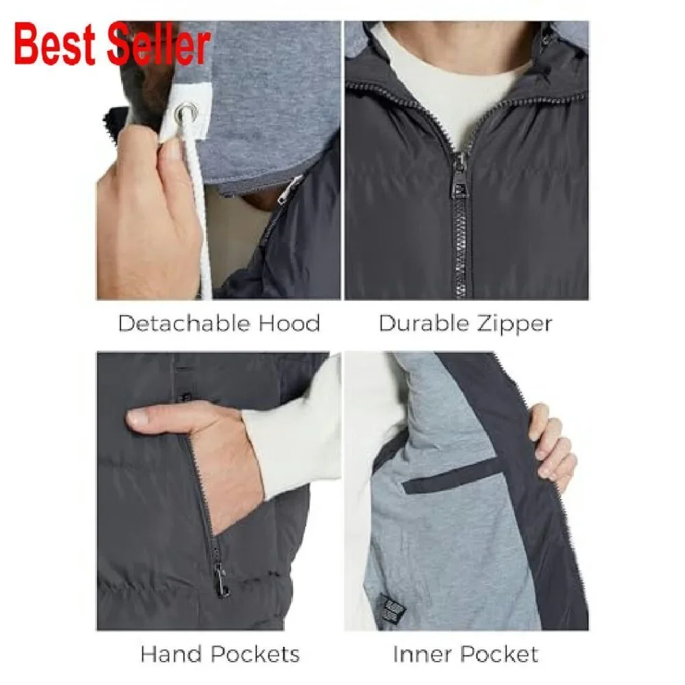 Men's Puffer Vest Removable Hood Classic Outdoor Winter Essential